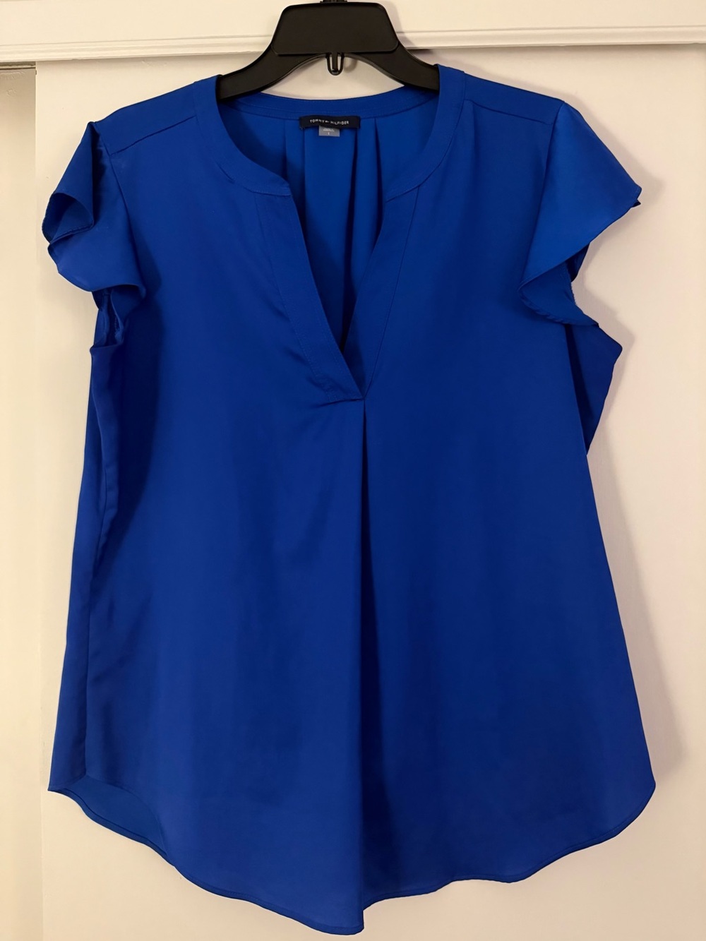Tommy Hilfiger Royal Blue Flutter Sleeve Split-Neck Blouse